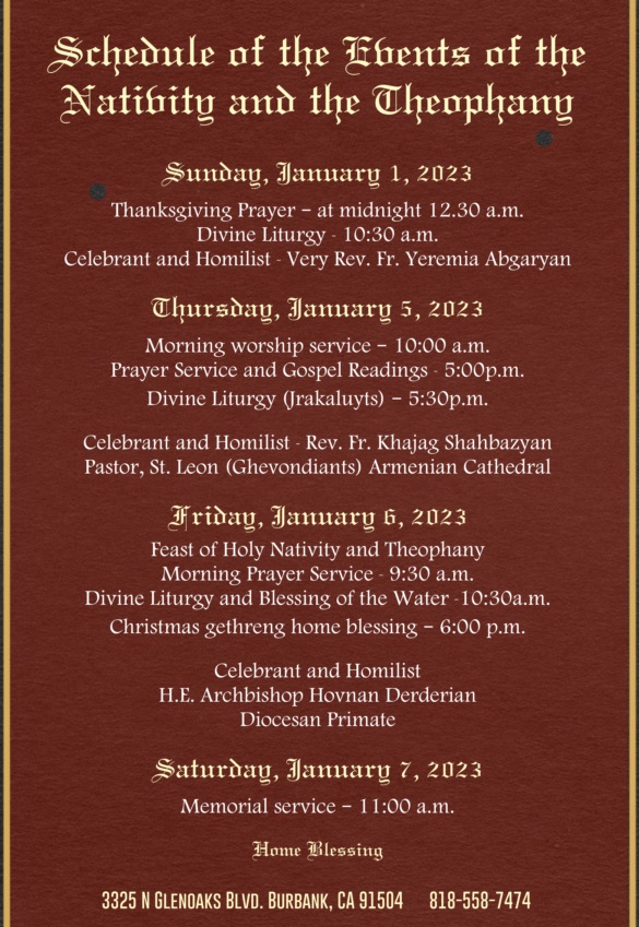 Schedule of Nativity Services at St. Leon (Ghevontiants) Armenian Cathedral